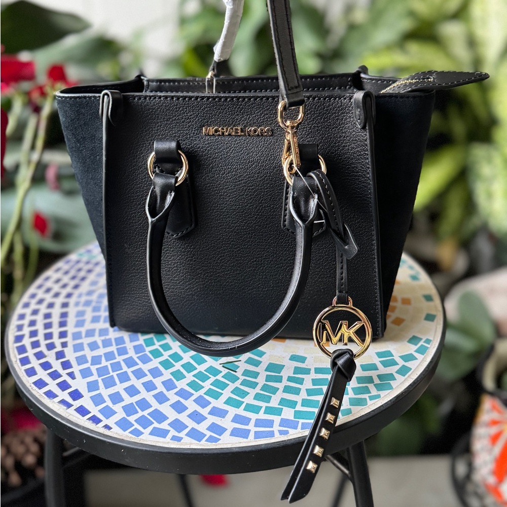 NWT Michael Kors Kris Black Leather Satchel with Gold Accents,Handles and Strap.